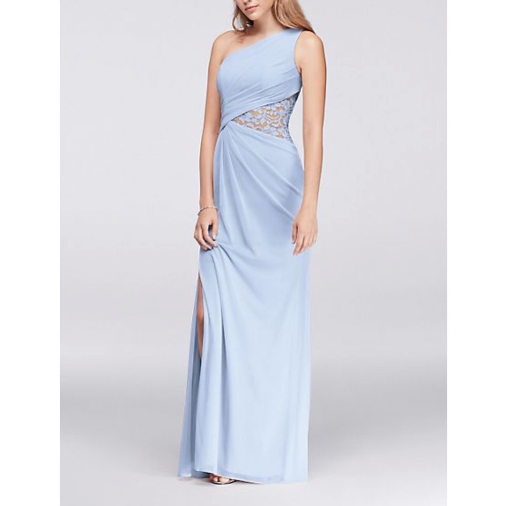 One shoulder mesh dress with lace inset ice blue